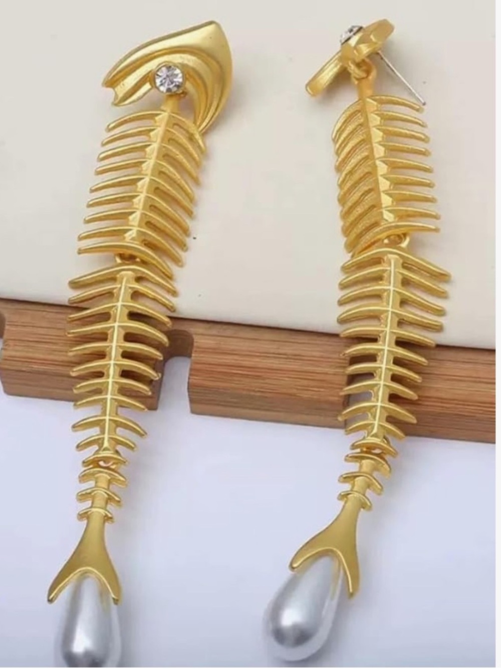 Gold Fishbone Drop Earrings with Silver Pearl
